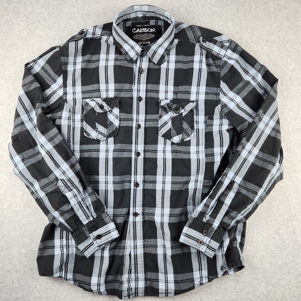 Carbon Plaid Flannel Button-Up Shirt Men's Size M Black Gray Skater Grunge